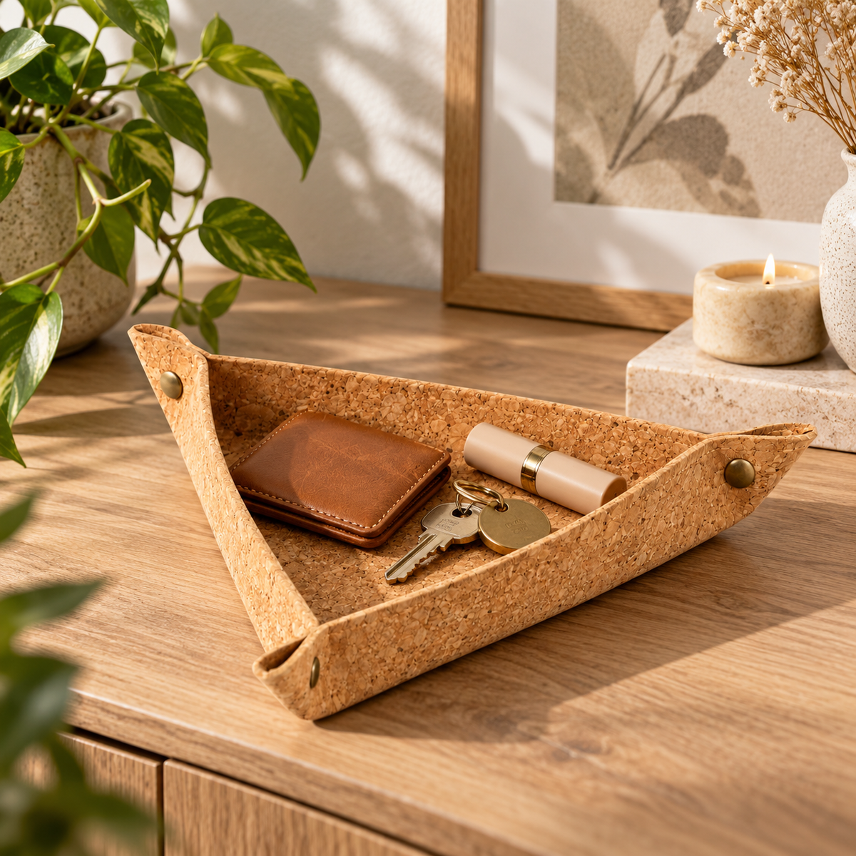 Triangular Cork Valet Tray Natural Finish — premium lifestyle setting
