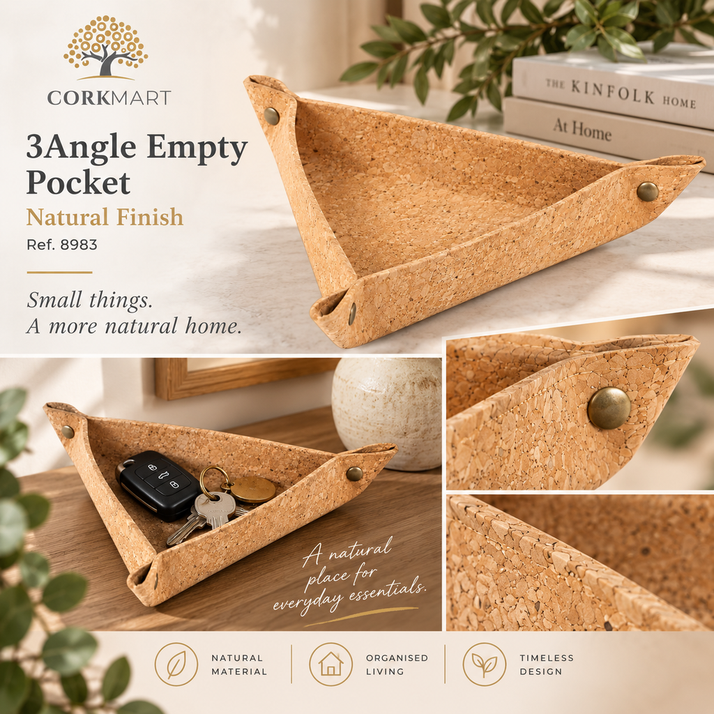 CorkMart editorial collage — Triangular Cork Valet Tray Natural Finish Ref. 8983