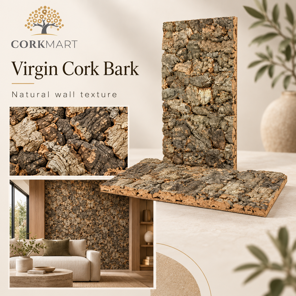 Virgin Cork Bark Wall Panel editorial collage with official CorkMart logo, bark texture, product view and real interior application