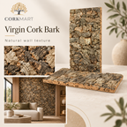 Virgin Cork Bark Wall Panel editorial collage with official CorkMart logo, bark texture, product view and real interior application