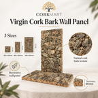 Virgin Cork Bark Wall Panel infographic with official CorkMart logo, three sizes and approx. 20 mm thickness