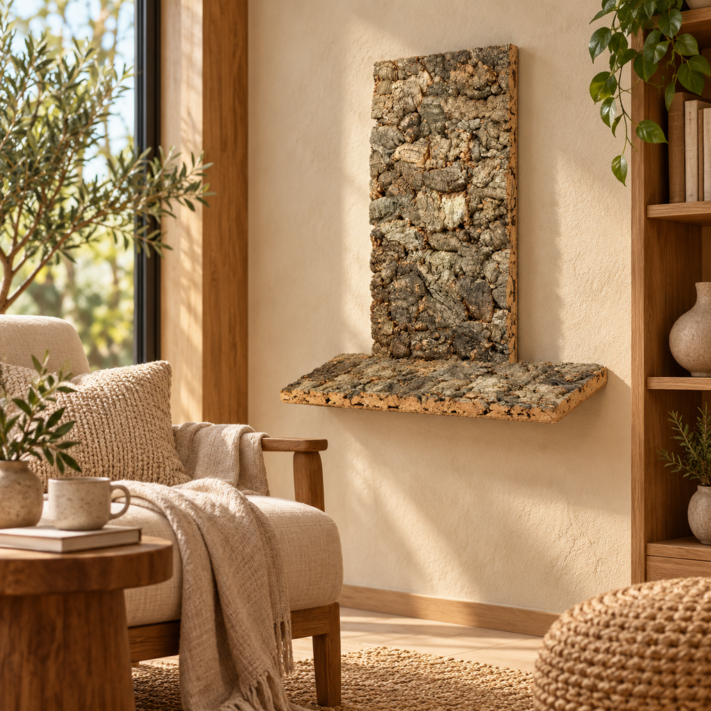 Virgin Cork Bark Wall Panel used as a tactile natural wall feature in a warm residential interior
