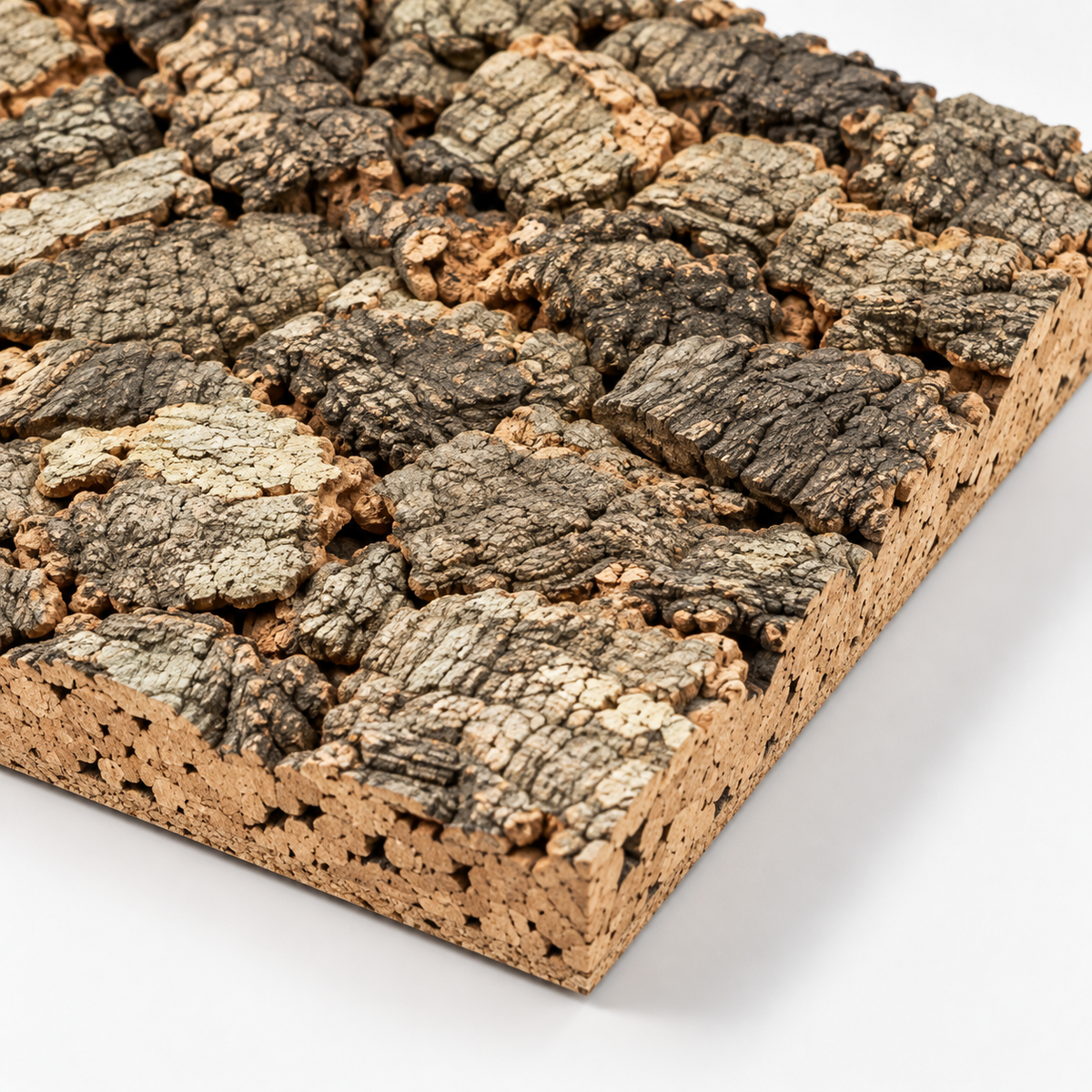 Macro detail of Virgin Cork Bark Wall Panel showing irregular natural bark texture, depth and cork base