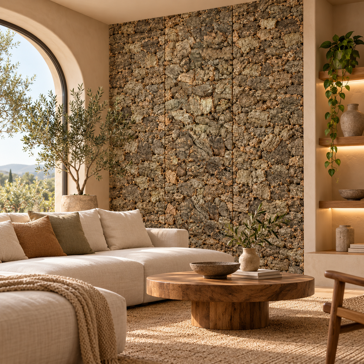 Virgin Cork Bark Wall Panels installed as a premium feature wall in a Mediterranean-style living room