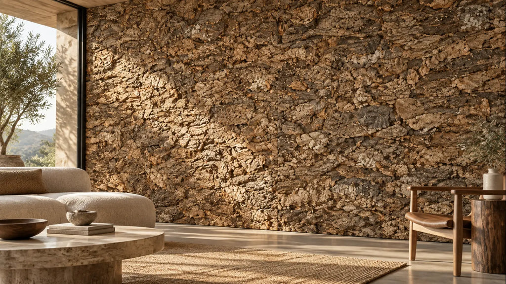 Virgin Tree natural cork bark wall panels shown in a conceptual architectural interior visualization