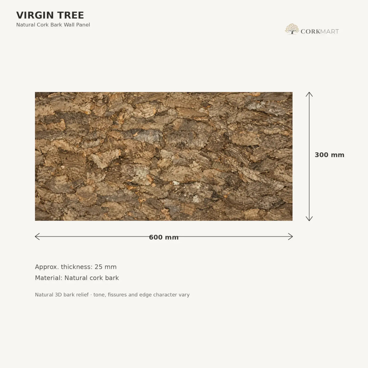Virgin Tree natural cork bark wall panel dimensions, 600 × 300 mm with approximately 25 mm thickness