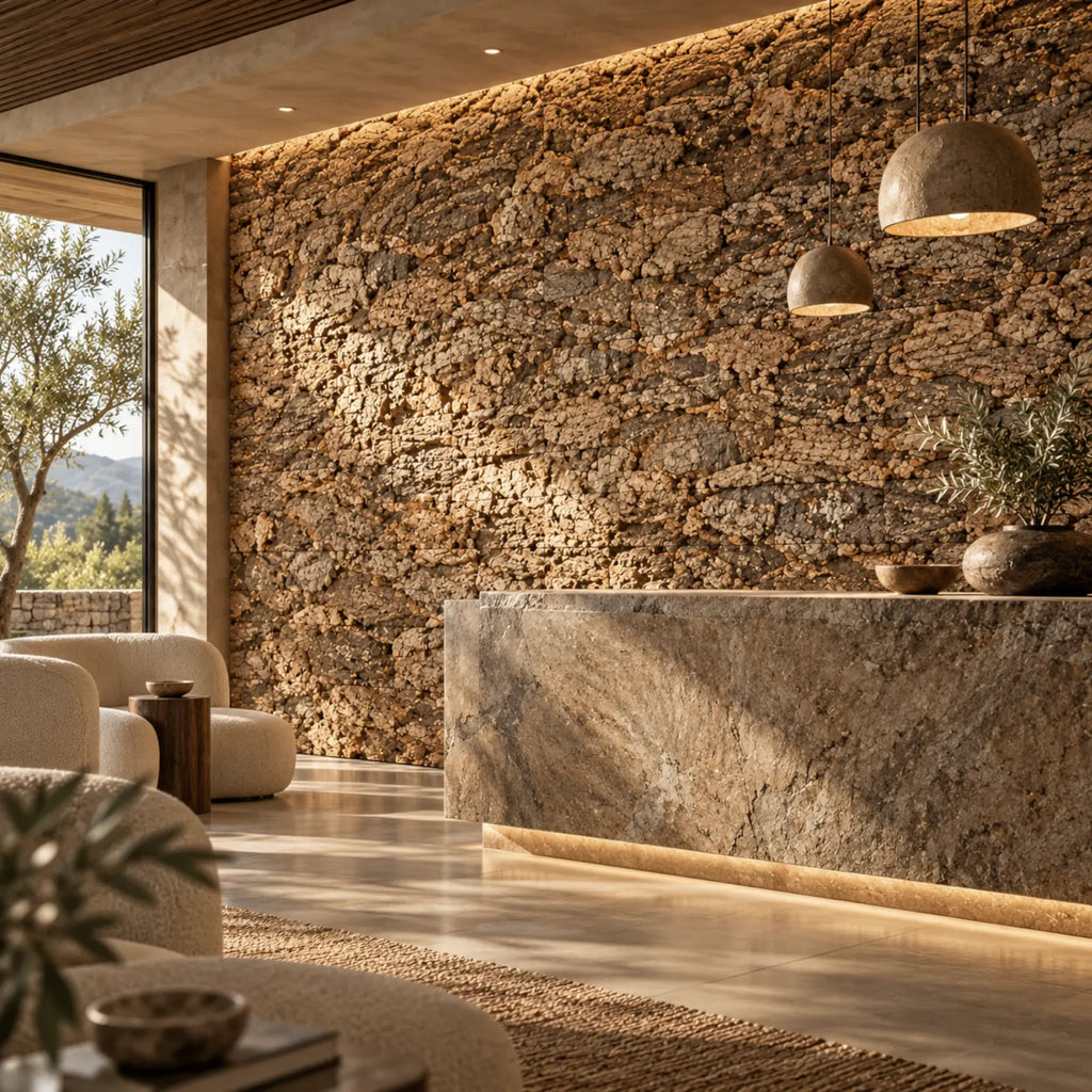 Virgin Tree natural cork bark wall panels shown in a conceptual hospitality reception visualization