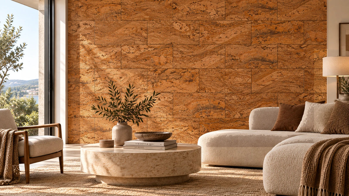 Wave Brown cork wall tile shown in a conceptual architectural interior visualization