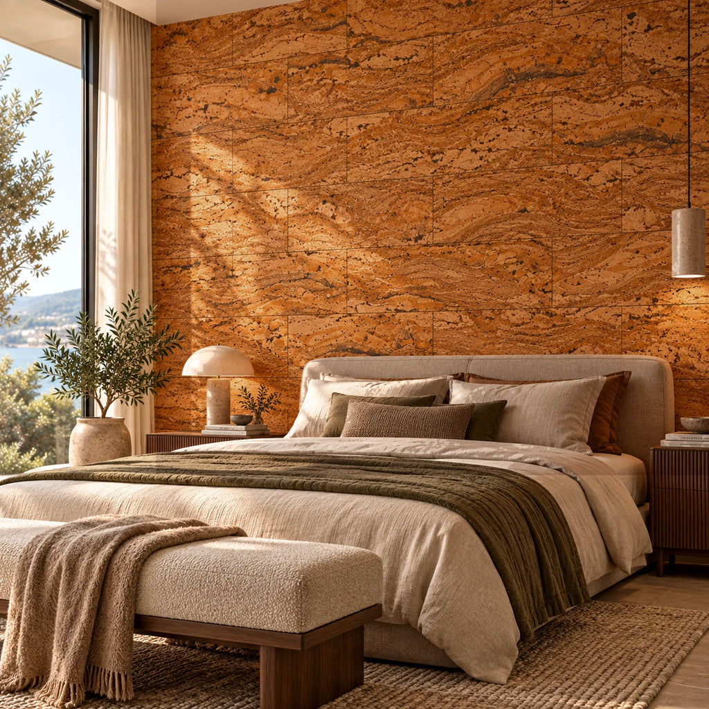 Wave Brown cork wall tile shown in a conceptual residential bedroom visualization