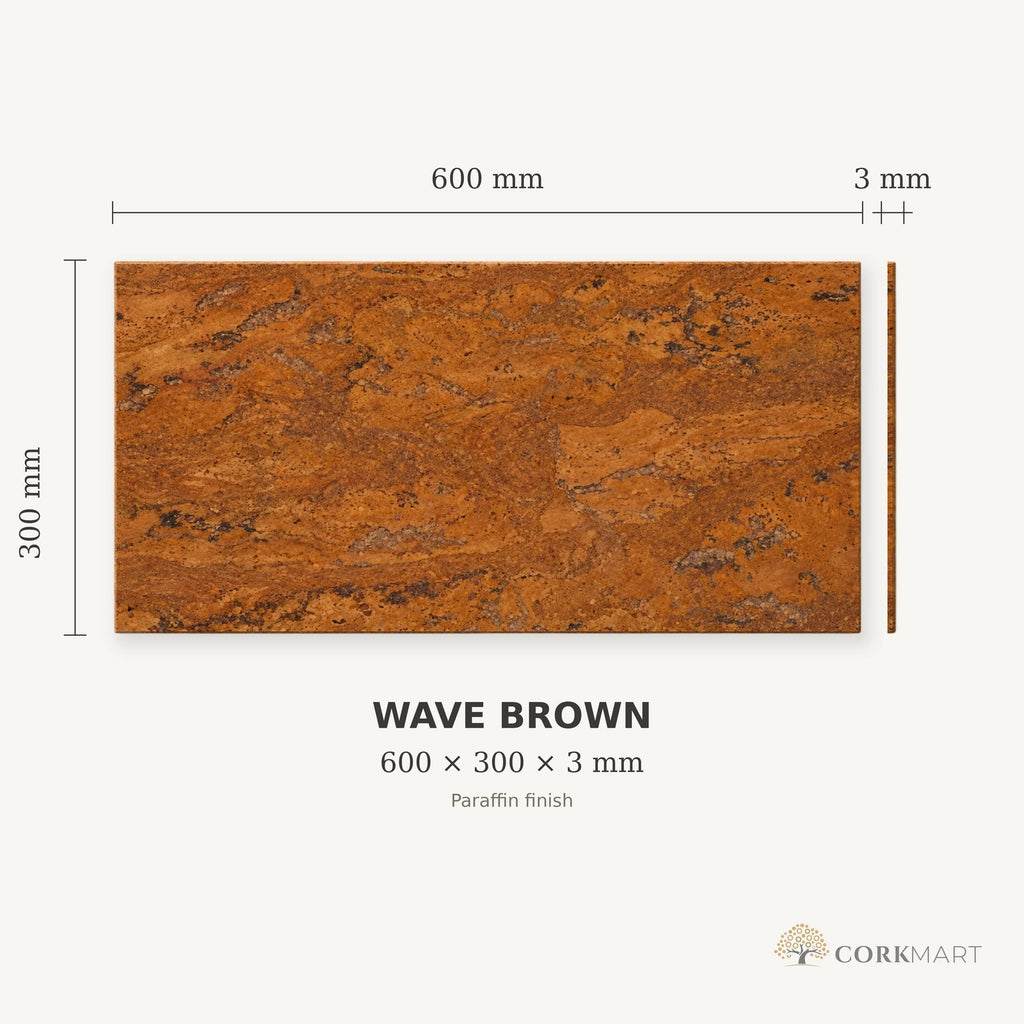 Wave Brown cork wall tile dimensions for the 600 × 300 × 3 mm format; 300 × 300 mm format also available