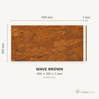 Wave Brown cork wall tile dimensions for the 600 × 300 × 3 mm format; 300 × 300 mm format also available
