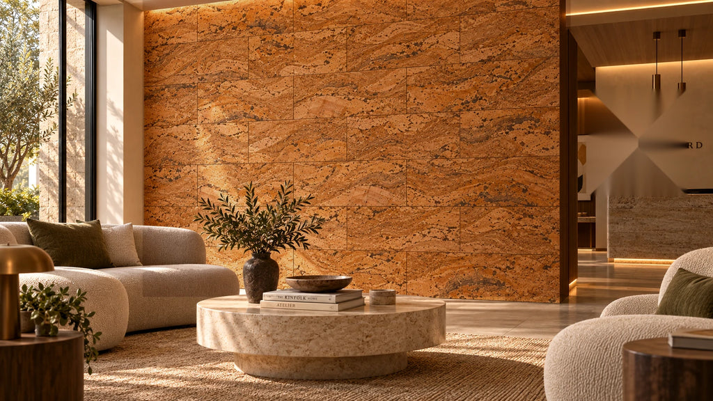 Wave Brown cork wall tile shown in a conceptual hospitality reception visualization