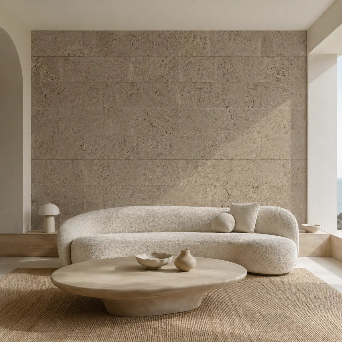 Wave Cream cork wall tile shown in a conceptual architectural interior visualization