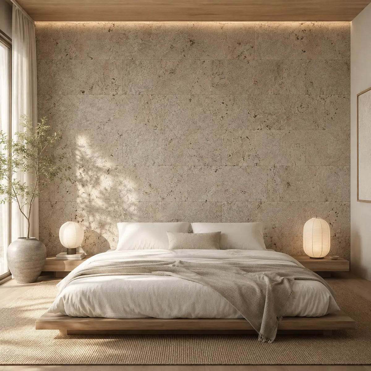 Wave Cream cork wall tile shown in a conceptual residential bedroom visualization