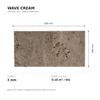 Wave Cream cork wall tile dimensions for the 600 × 300 × 3 mm format; 300 × 300 mm format also available