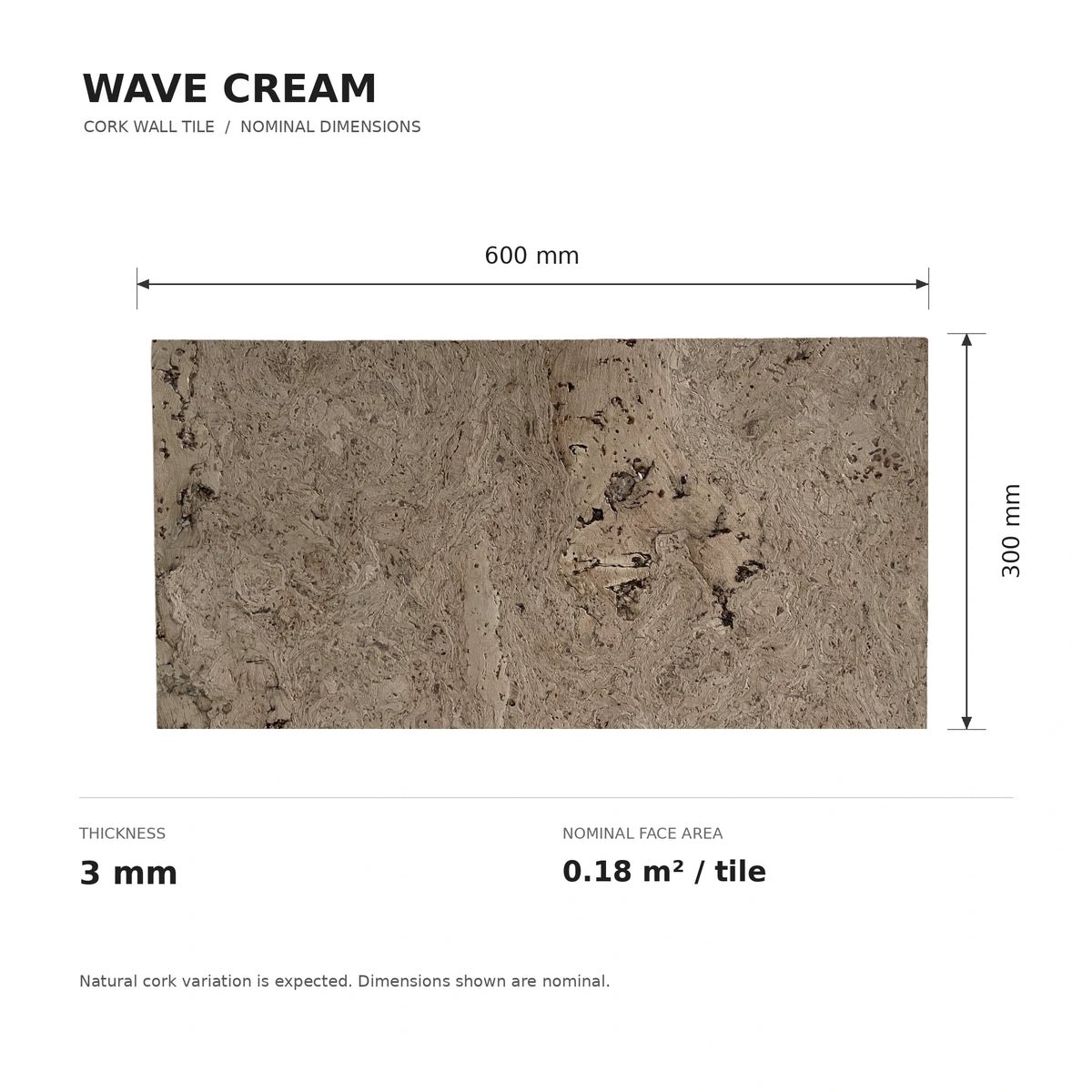 Wave Cream cork wall tile dimensions for the 600 × 300 × 3 mm format; 300 × 300 mm format also available