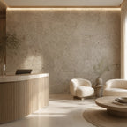 Wave Cream cork wall tile shown in a conceptual hospitality reception visualization