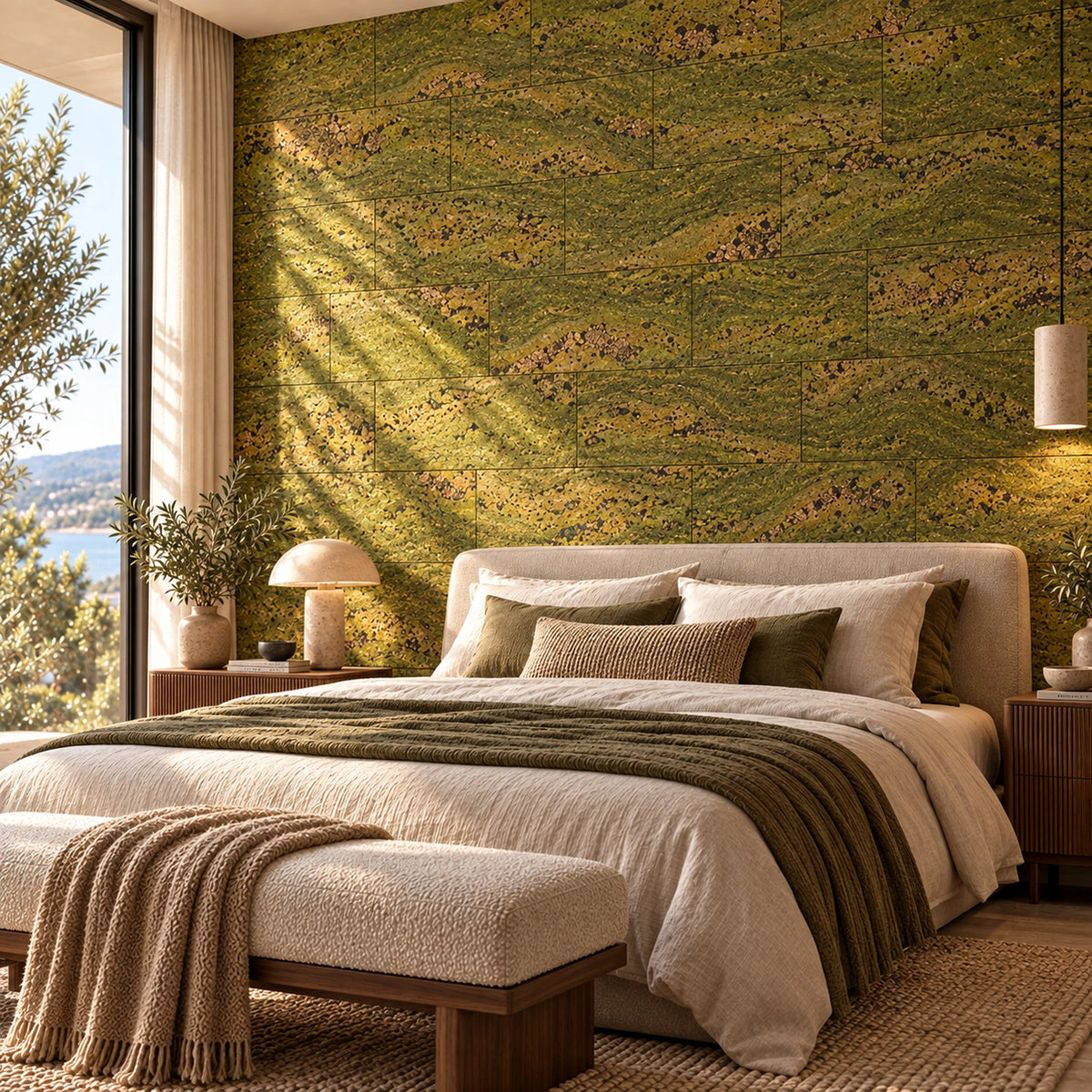 Wave Moss cork wall tile shown in a conceptual residential bedroom visualization