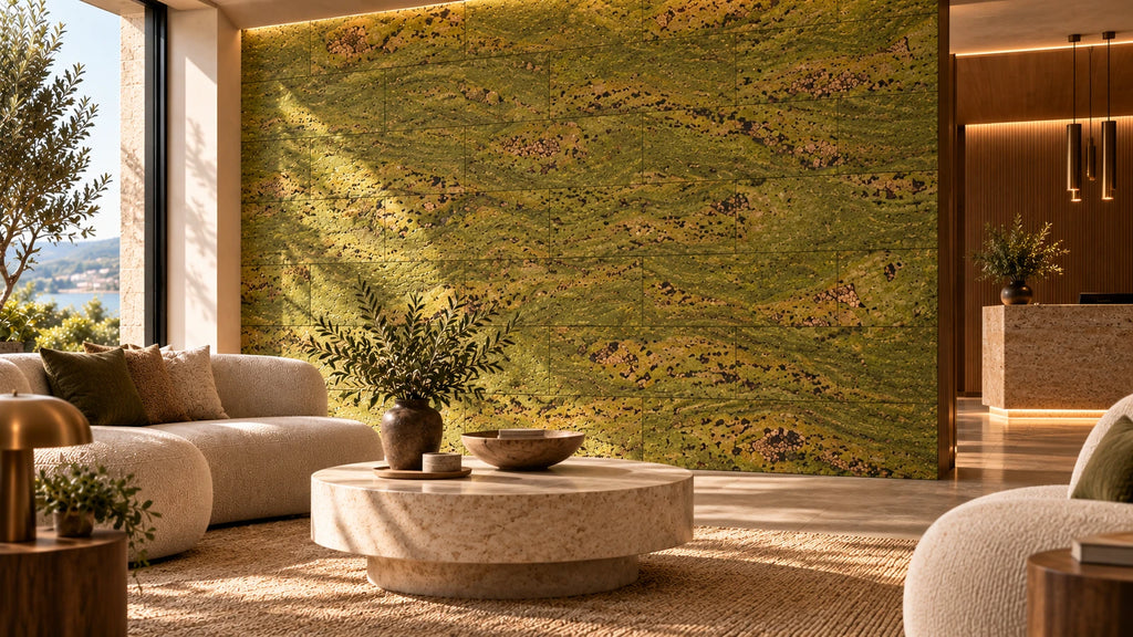 Wave Moss cork wall tile shown in a conceptual hospitality reception visualization