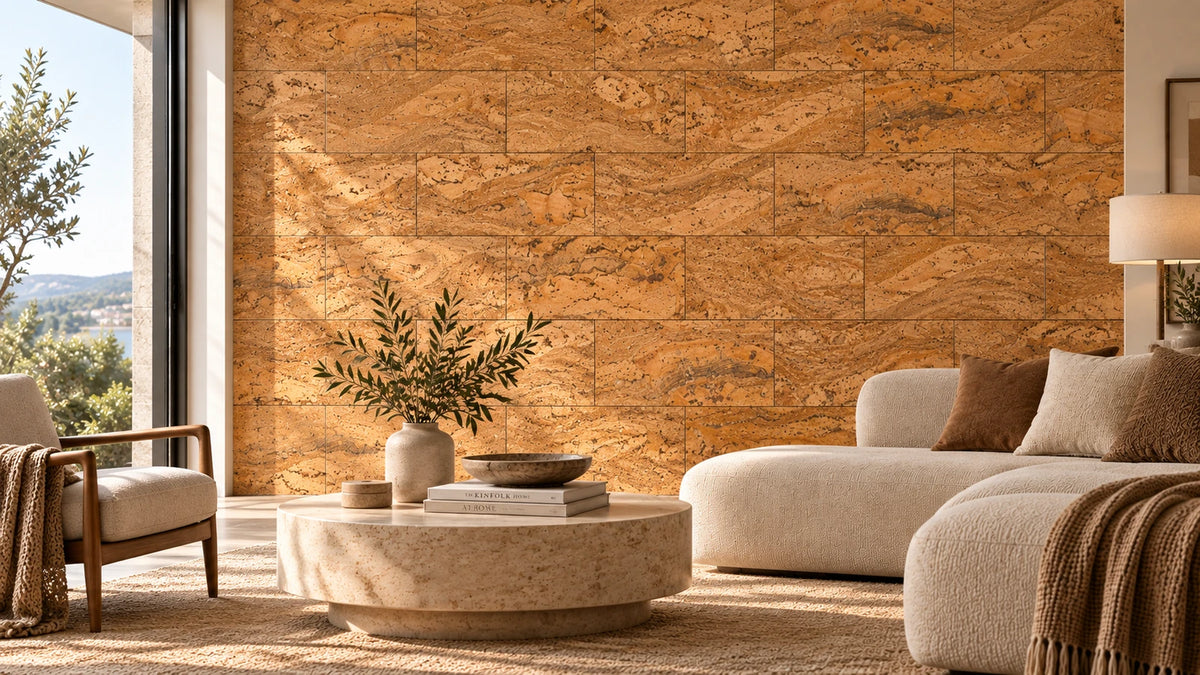 Wave Natural cork wall tile shown in a conceptual architectural interior visualization