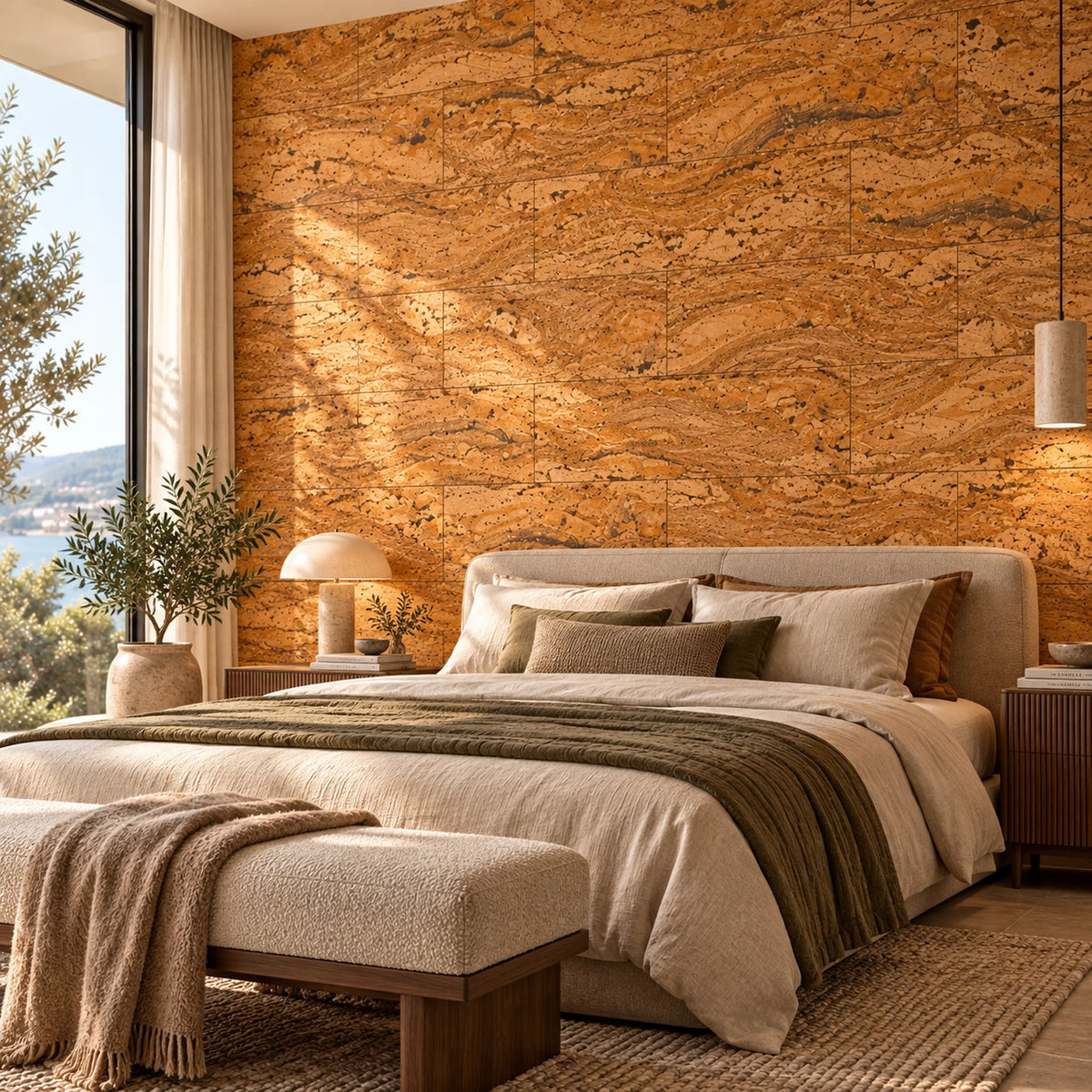 Wave Natural cork wall tile shown in a conceptual residential bedroom visualization