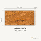 Wave Natural cork wall tile dimensions for the 600 × 300 × 3 mm format; 300 × 300 mm format also available