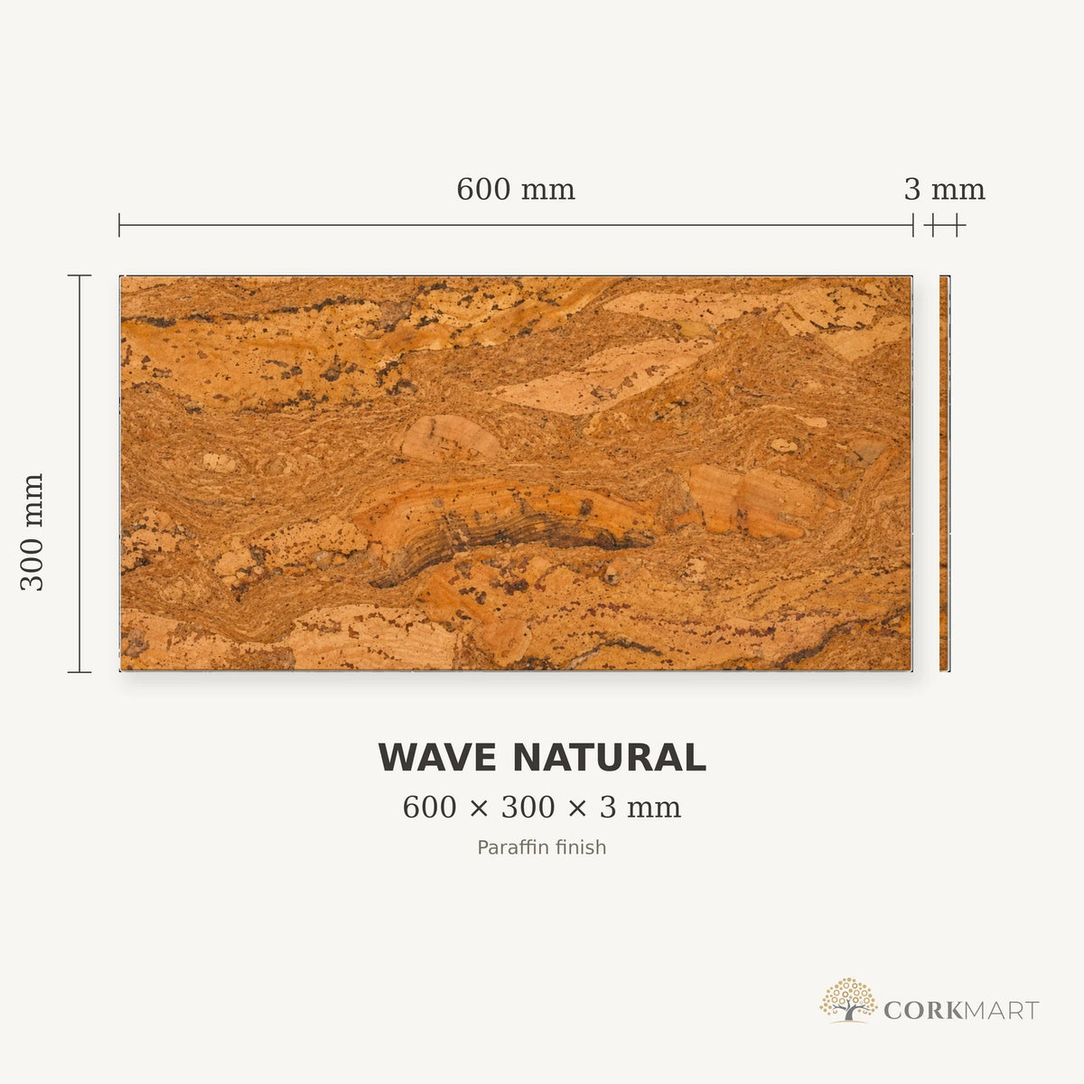 Wave Natural cork wall tile dimensions for the 600 × 300 × 3 mm format; 300 × 300 mm format also available
