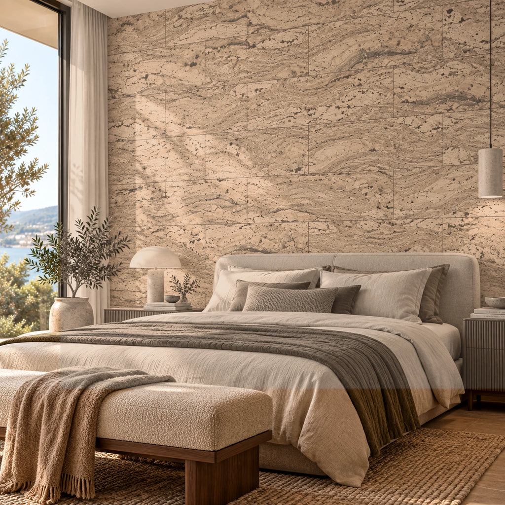 Wave Taupe cork wall tile shown in a conceptual residential bedroom visualization