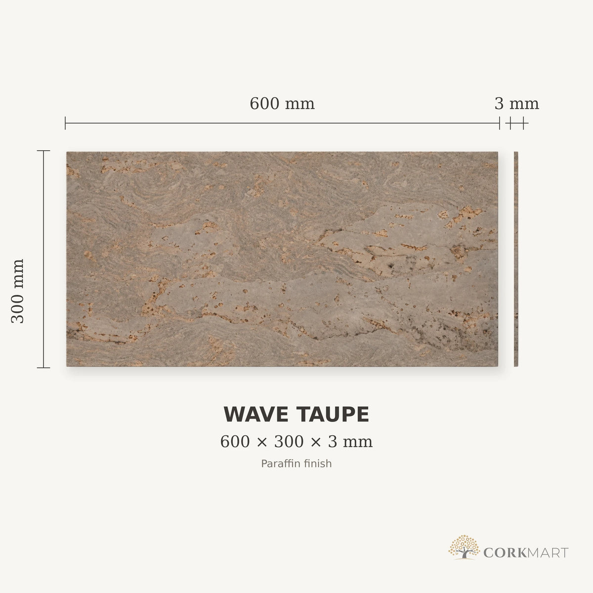 Wave Taupe cork wall tile dimensions for the 600 × 300 × 3 mm format; 300 × 300 mm format also available
