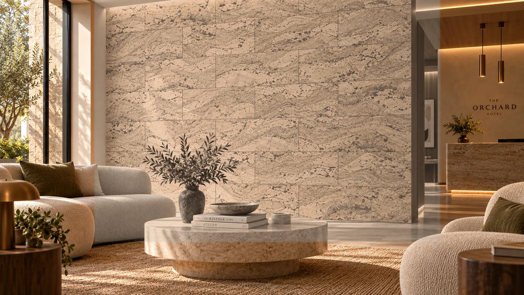 Wave Taupe cork wall tile shown in a conceptual hospitality reception visualization