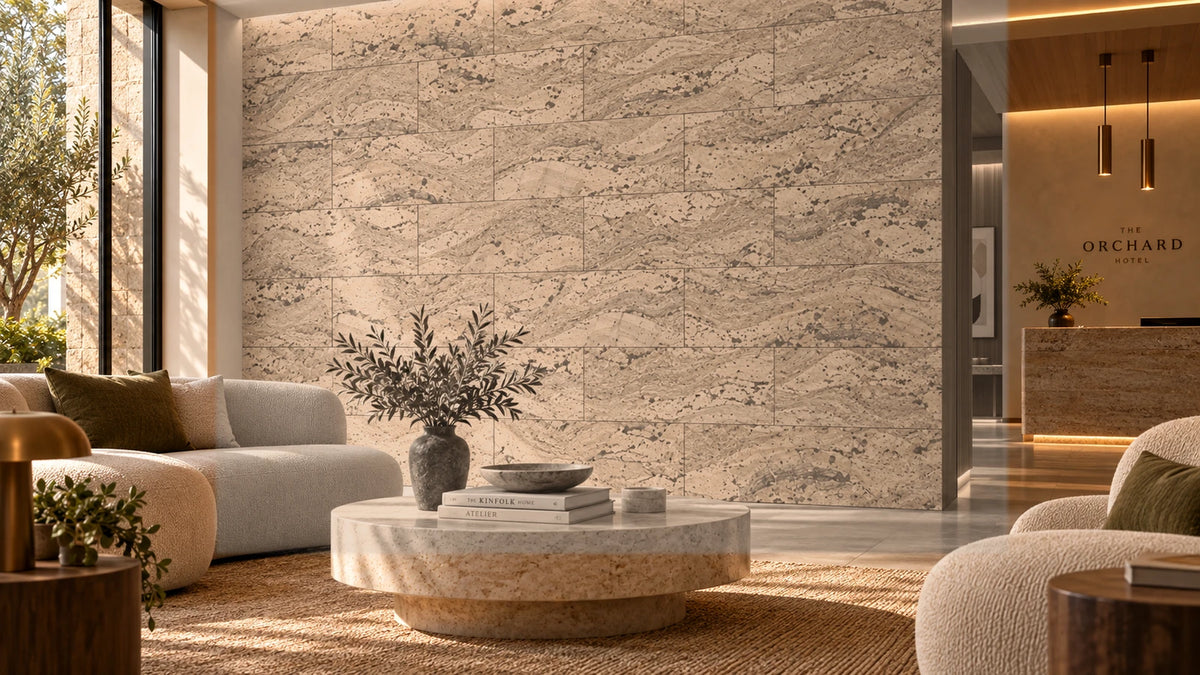 Wave Taupe cork wall tile shown in a conceptual hospitality reception visualization