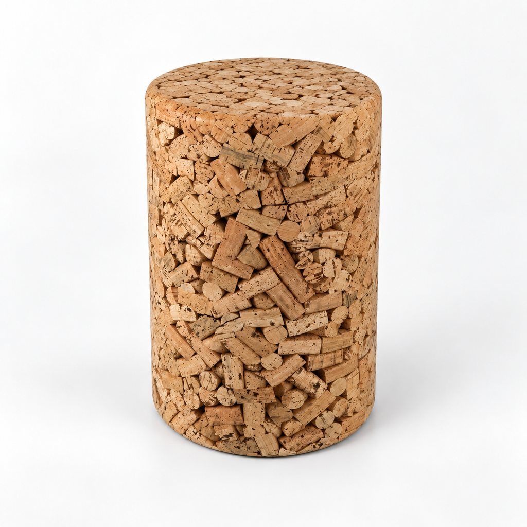 Wine Cork Design Cork Stool, angled studio view showing cylindrical form and cork pattern