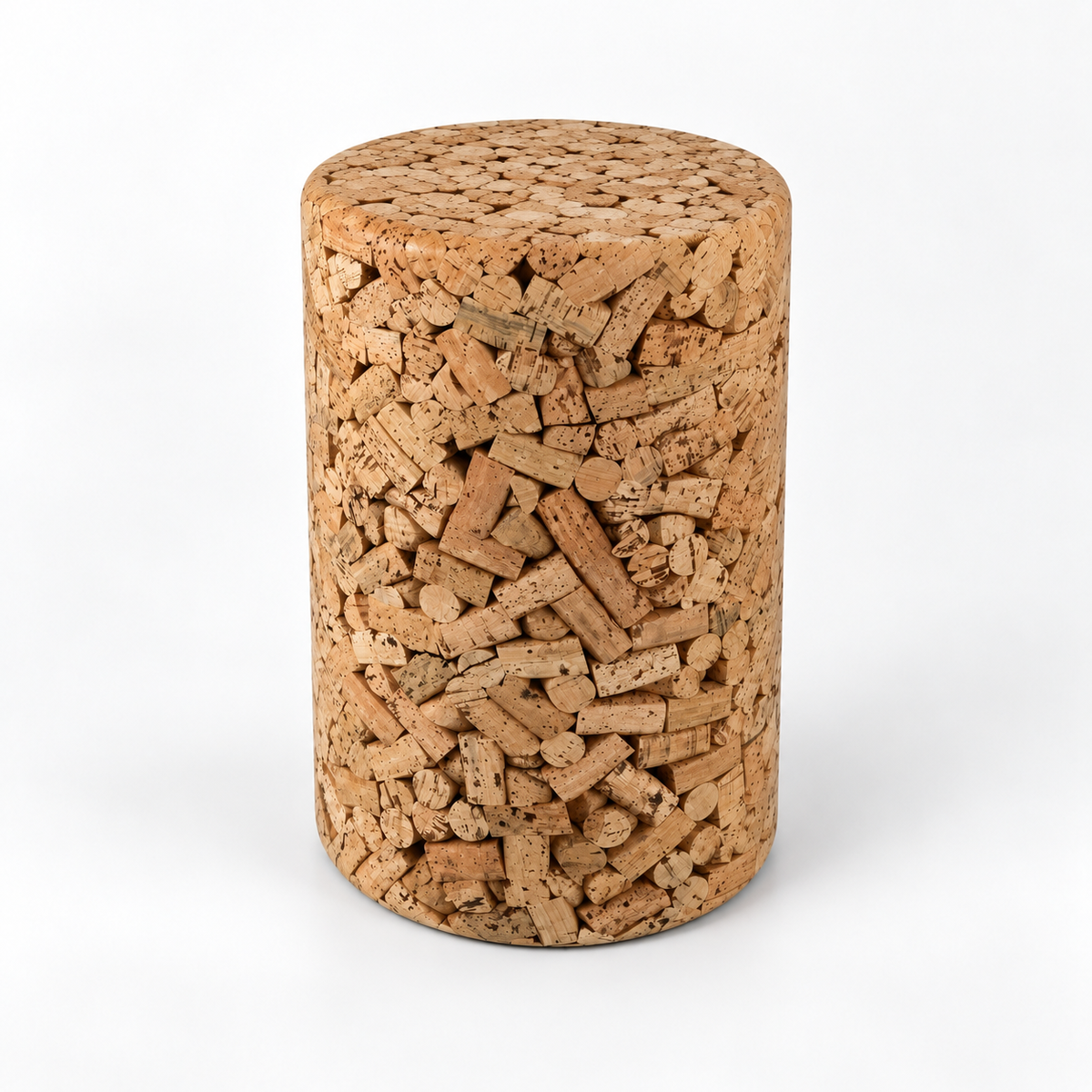 Wine Cork Design Cork Stool, angled studio view showing cylindrical form and cork pattern