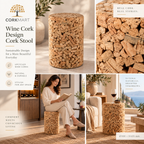 Wine Cork Design Cork Stool editorial collage with official CorkMart logo, real use, texture and dimensions