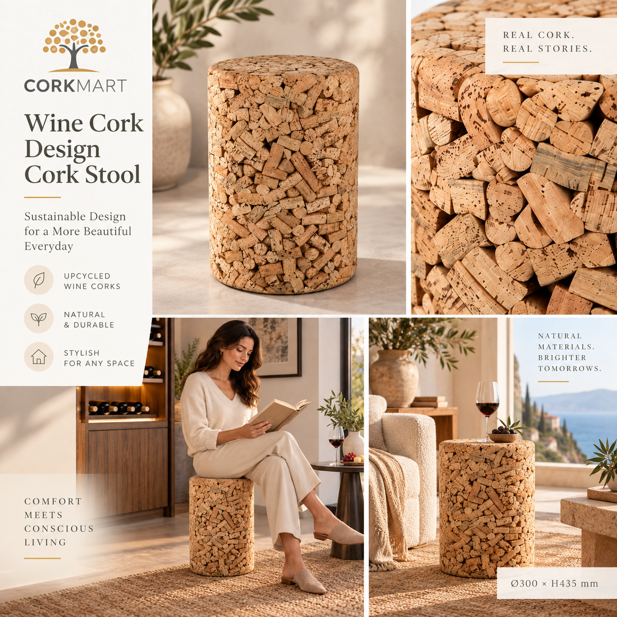 Wine Cork Design Cork Stool editorial collage with official CorkMart logo, real use, texture and dimensions