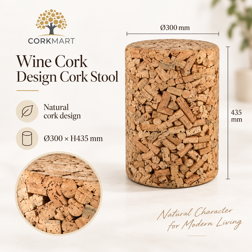 Wine Cork Design Cork Stool infographic with official CorkMart logo, Ø300 × H435 mm dimensions and natural cork