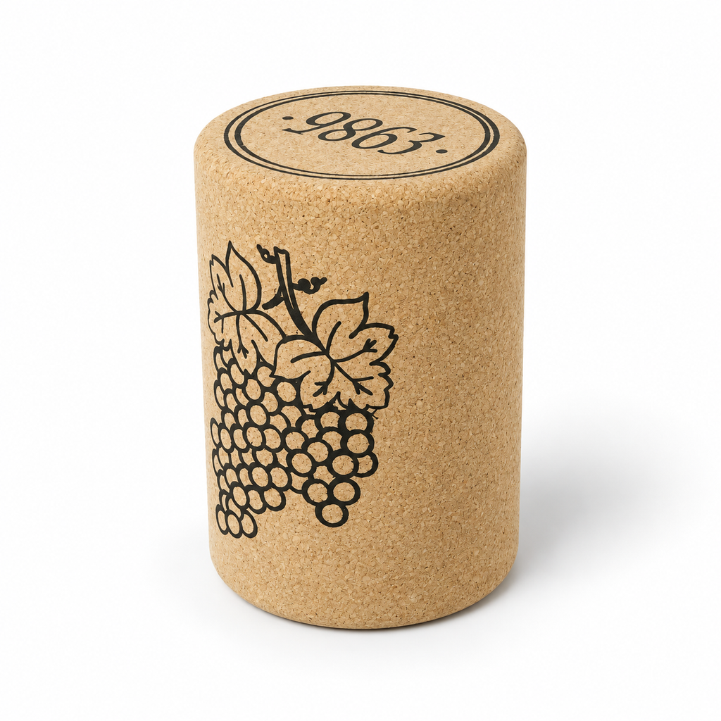 Wine Stopper Cork Stool, angled studio view showing cylindrical wine-cork silhouette and top marking