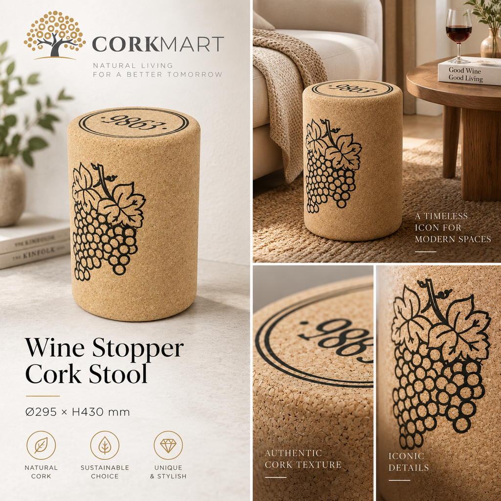 Wine Stopper Cork Stool editorial collage with official CorkMart logo, real use, cork texture and dimensions