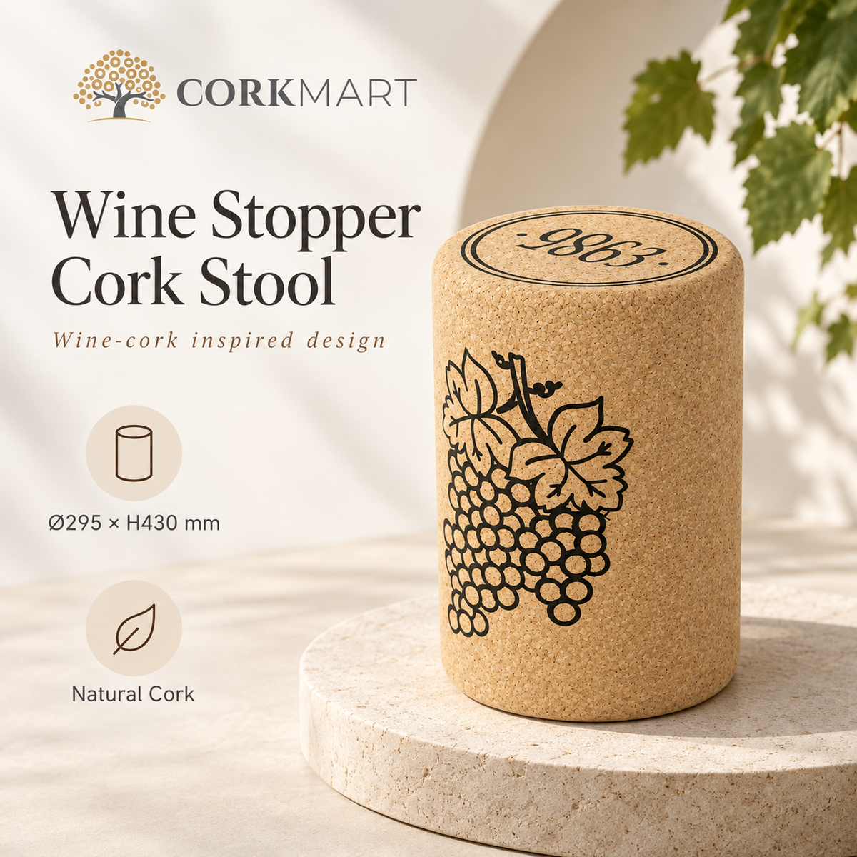 Wine Stopper Cork Stool infographic with official CorkMart logo, Ø295 × H430 mm dimensions and natural cork