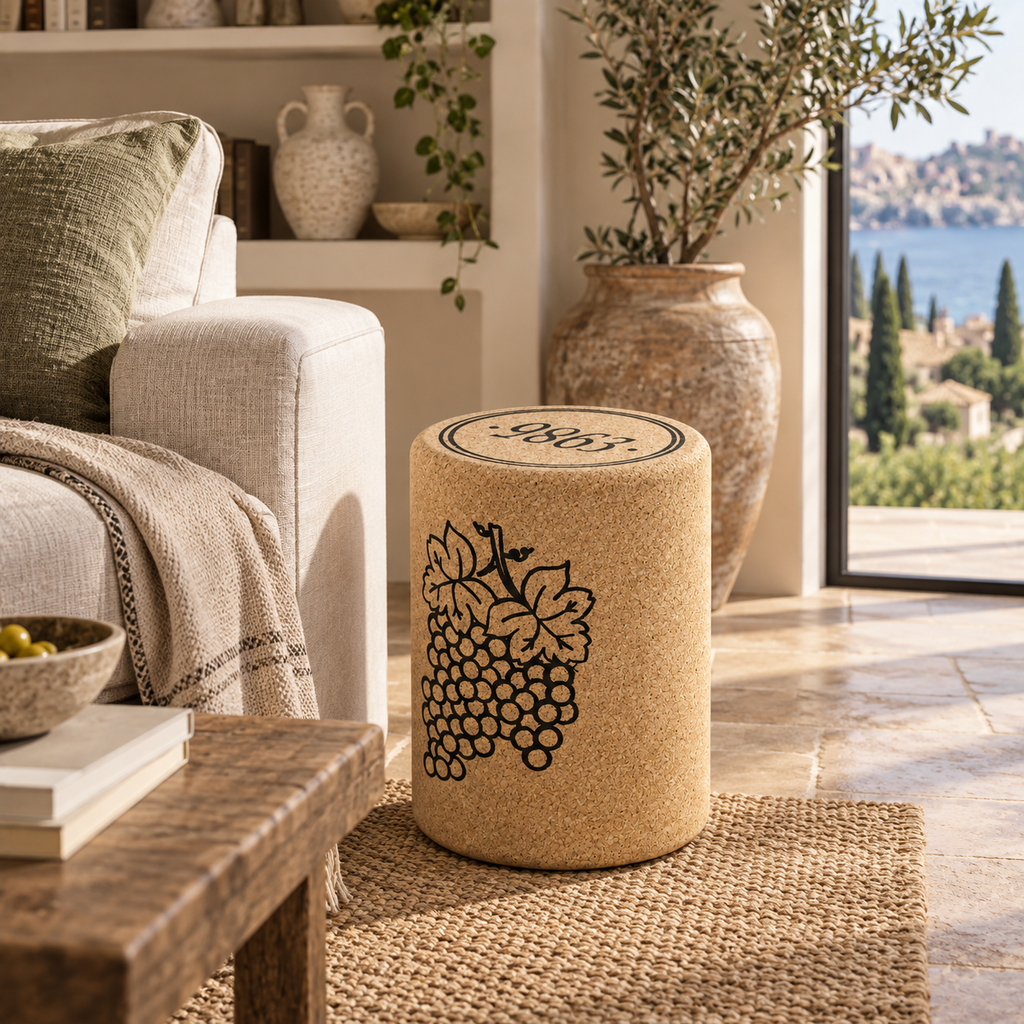 Wine Stopper Cork Stool in a warm Mediterranean-inspired interior