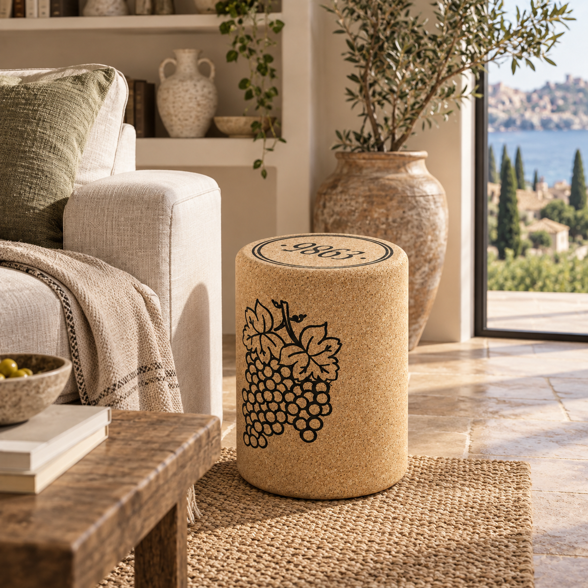 Wine Stopper Cork Stool in a warm Mediterranean-inspired interior