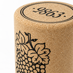 Macro detail of natural cork texture, grape motif and top marking on Wine Stopper Cork Stool