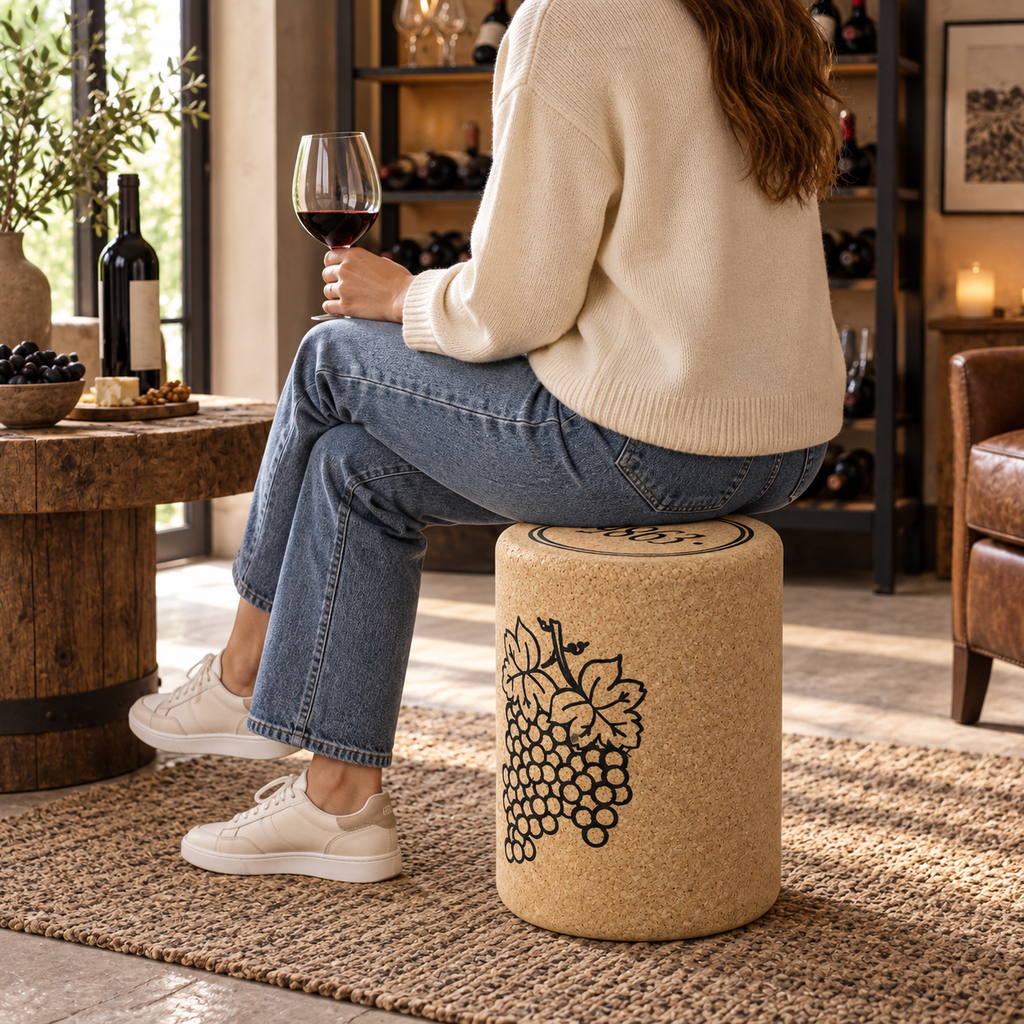 Wine Stopper Cork Stool used as seating in a refined wine-tasting interior