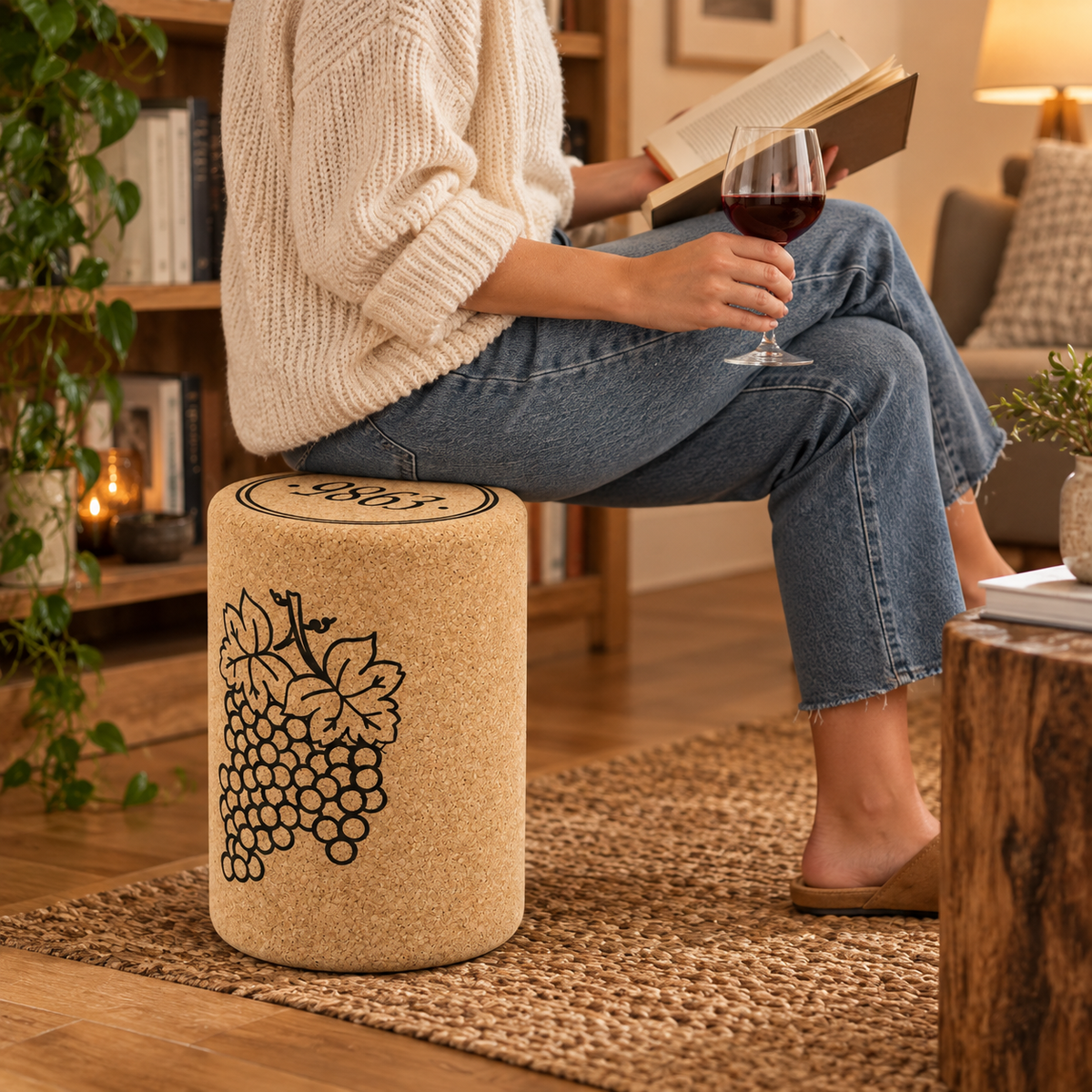 Wine Stopper Cork Stool used as seating in a warm residential reading setting