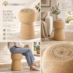 XL Champagne Stopper Cork Stool editorial collage with official CorkMart logo, real use, cork texture and dimensions