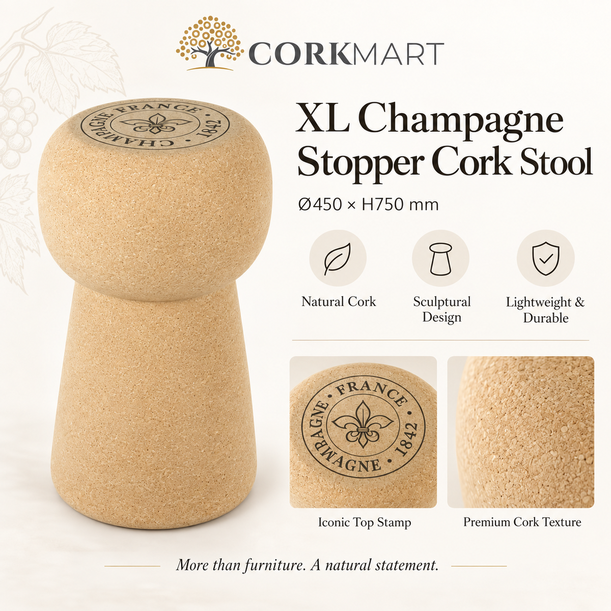 XL Champagne Stopper Cork Stool infographic with official CorkMart logo, Ø450 × H750 mm dimensions and natural cork