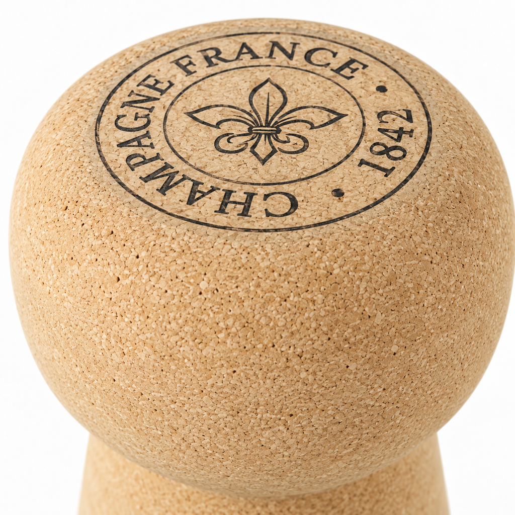 Macro detail of natural cork texture and champagne-inspired top stamp on XL Cork Stool