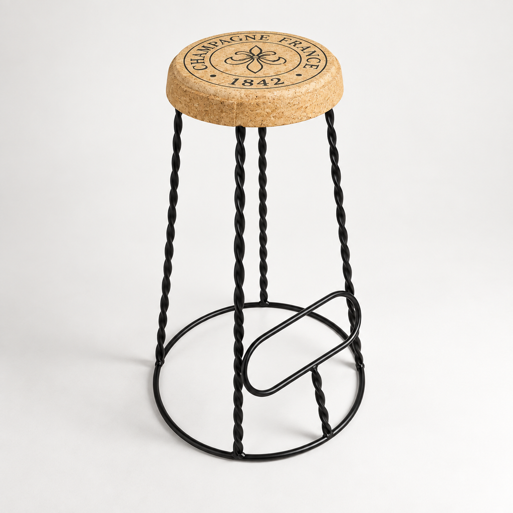 XL Cork & Metal Stool, angled studio view showing tall proportions, natural cork seat and black metal frame