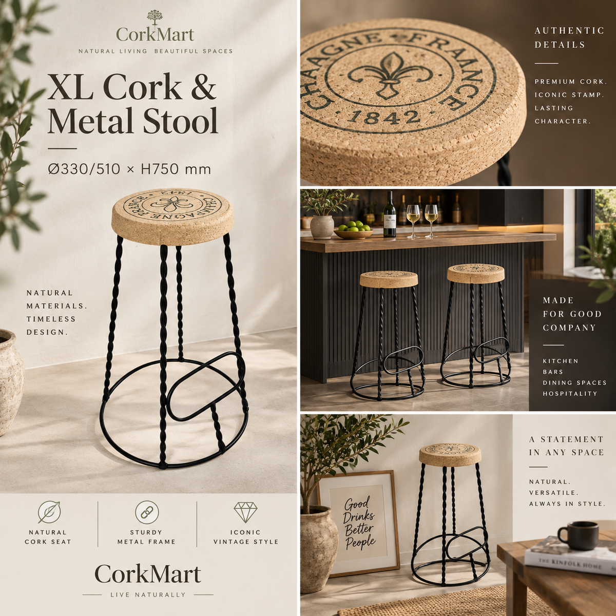XL Cork & Metal Stool editorial collage showing product details, real use and dimensions