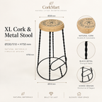 XL Cork & Metal Stool infographic with Ø330/510 × H750 mm dimensions, natural cork seat and black metal frame
